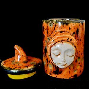 Handmade Small Ceramic Stash Jar with Face, Speckled Carmel Brown